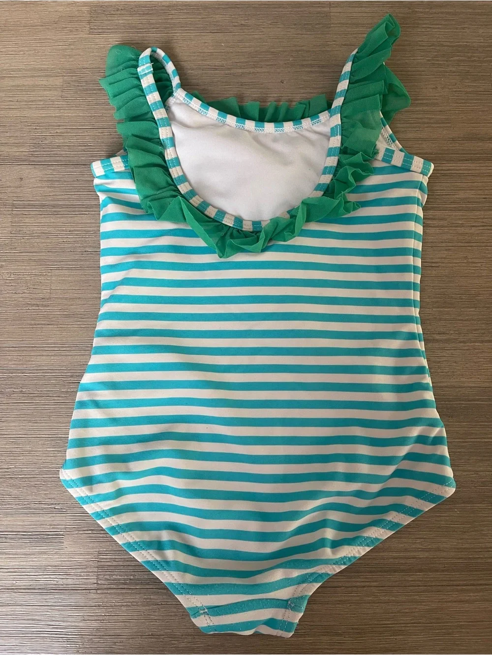 Vtg Hanna Andersson Teal White Striped Ruffle One-Piece Swimsuit Scoop Sz 90 3T